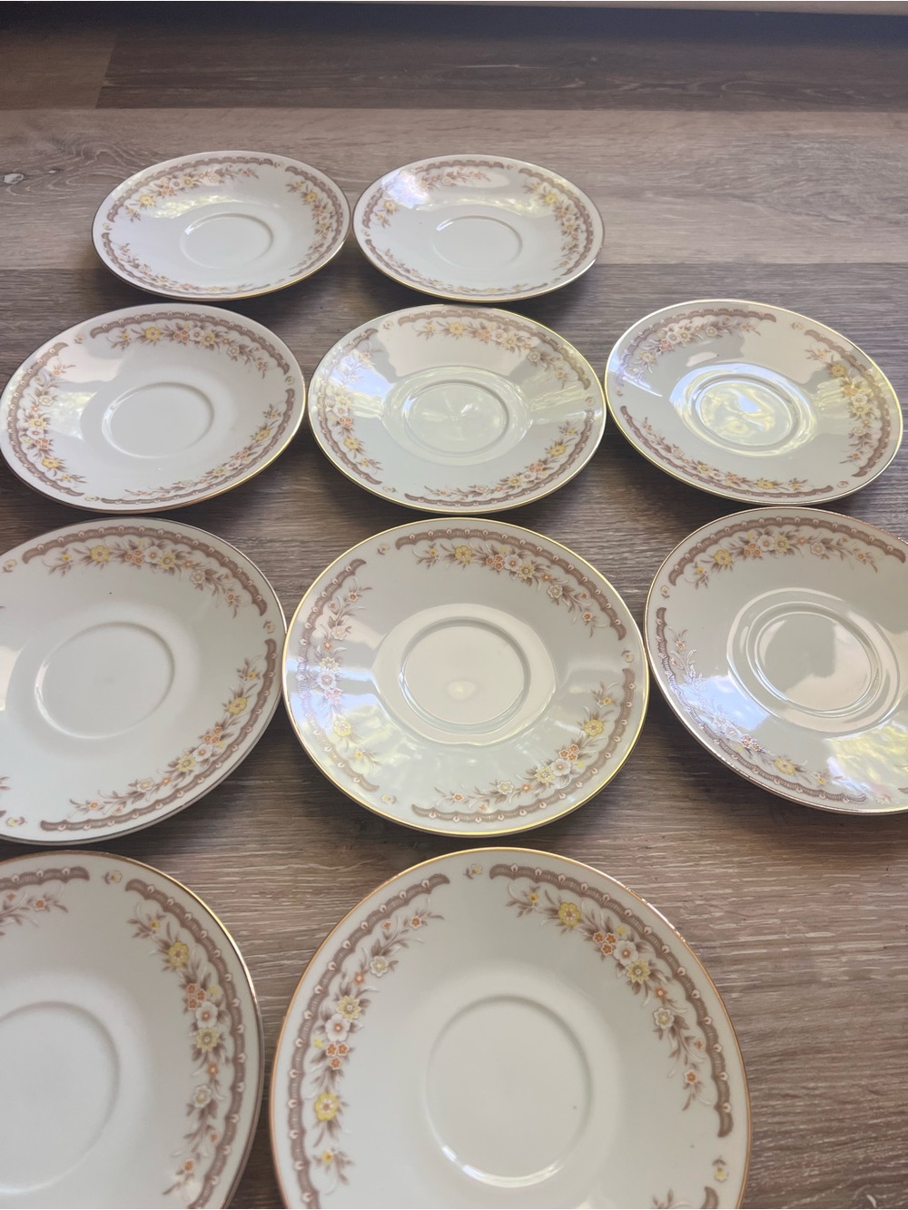 Classic White Floral Saucer Set with Gold Trim - White, Pink, Gold